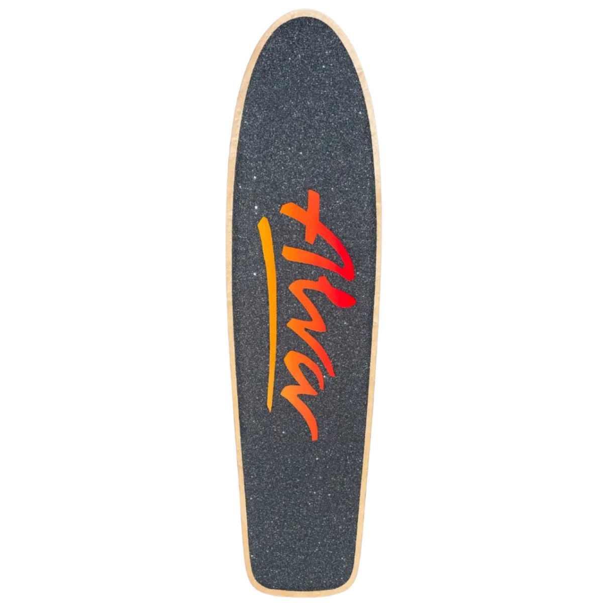 A skateboard deck with a dark gray grip tape surface, featuring a stylized 'flair' logo in a yellow-to-red gradient, surrounded by a natural light wood edge.