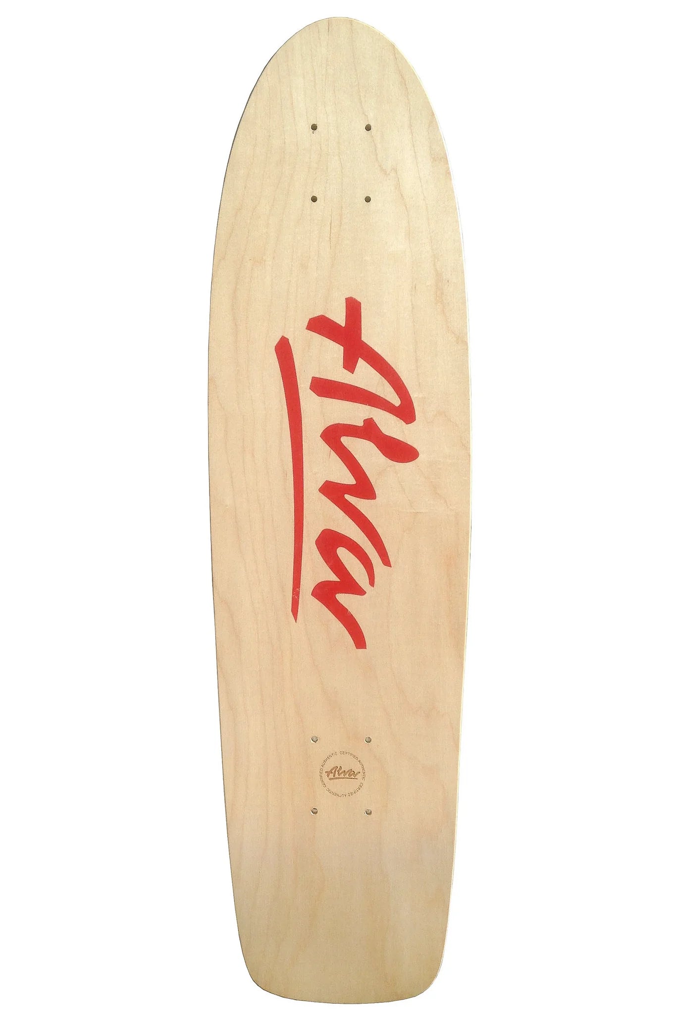 Wooden skateboard deck with red logo on a white background