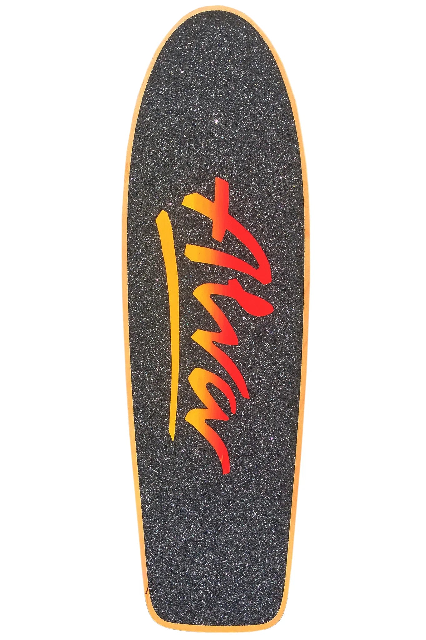 Skateboard deck with red and yellow logo on a white background