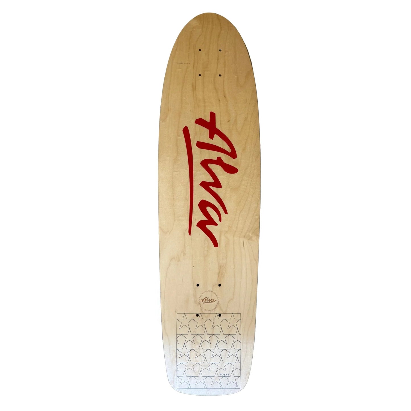 Wooden skateboard deck with 'Alva' branding on a gray concrete surface
