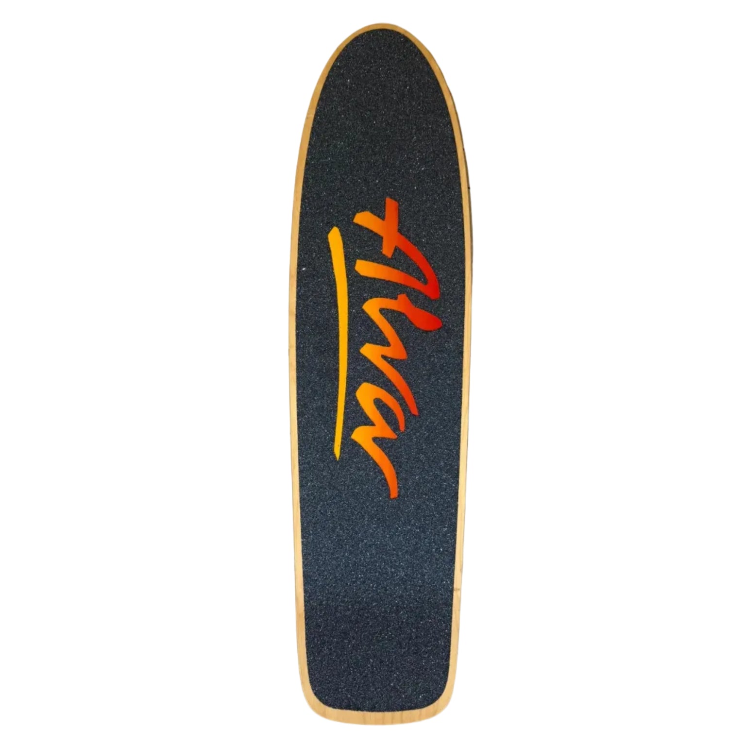 Skateboard deck with 'Alvar' branding on a speckled concrete surface