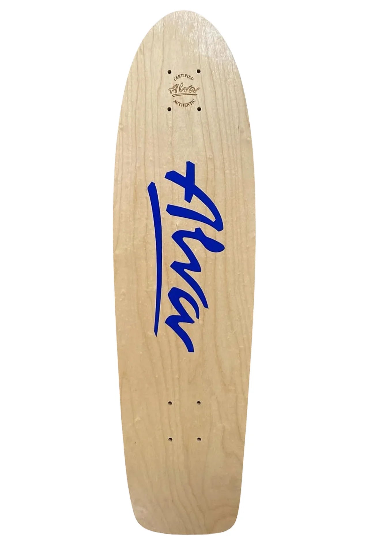 Wooden skateboard deck with blue logo on a white background