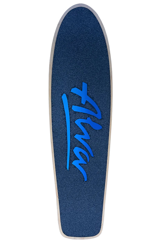 Blue skateboard deck with a logo on a white background