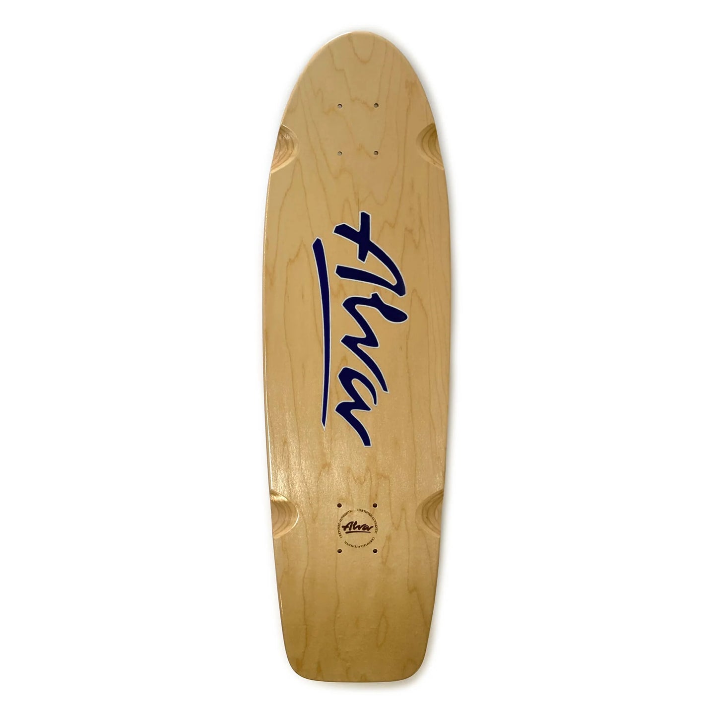 Wooden skateboard deck with blue branding on a white background