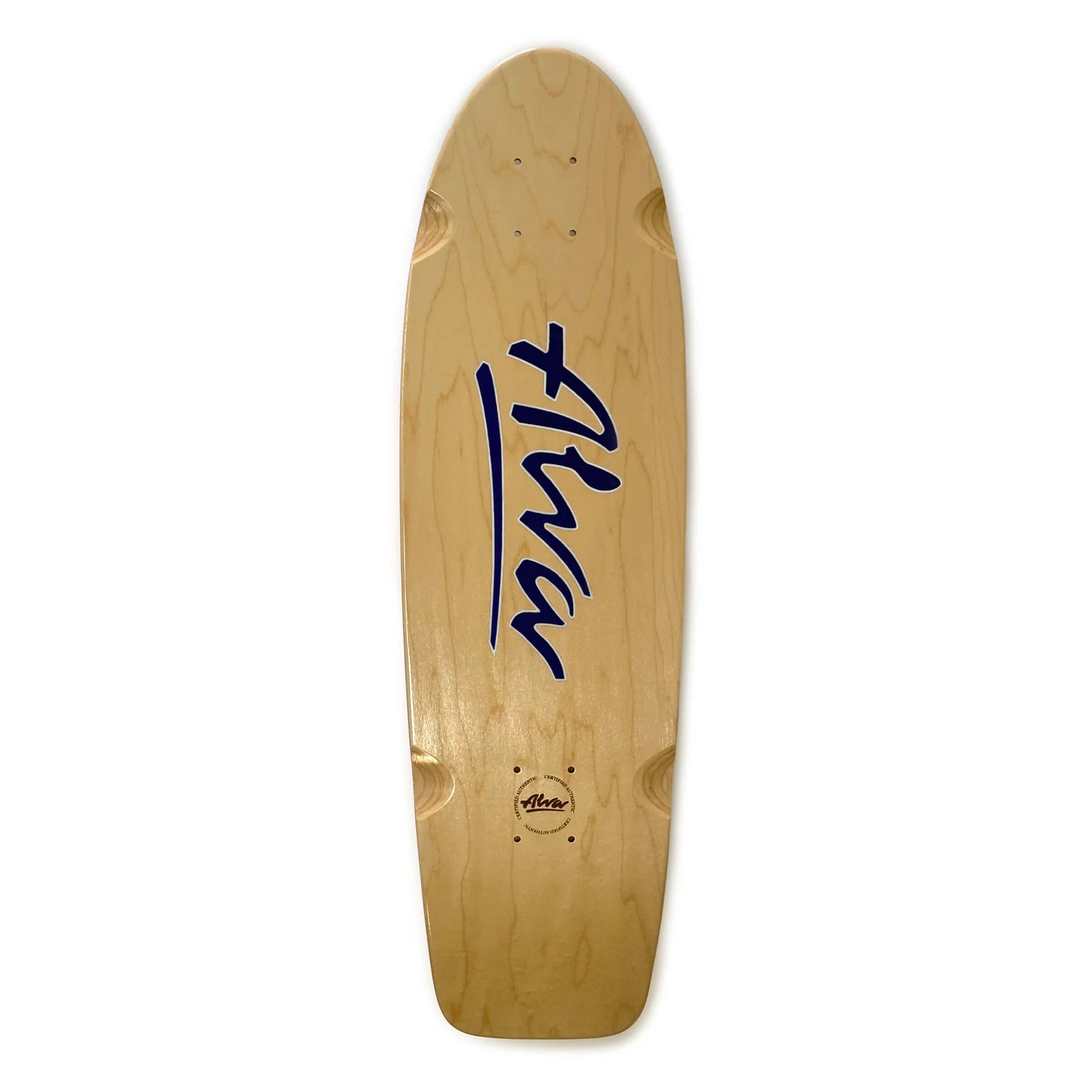 Wooden skateboard deck with blue branding on a white background