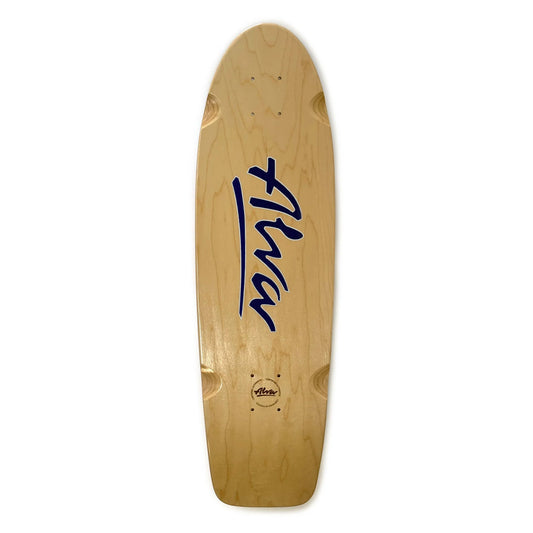 Wooden skateboard deck with blue branding on a white background