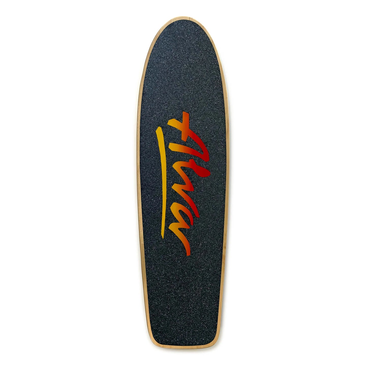 Skateboard deck with a brand logo on a white background