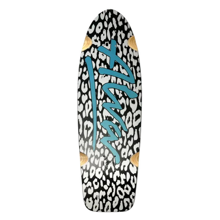 Skateboard deck with leopard print pattern and blue branding on a white background