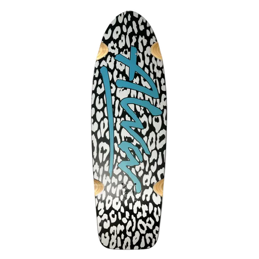 Skateboard deck with leopard print pattern and blue branding on a white background