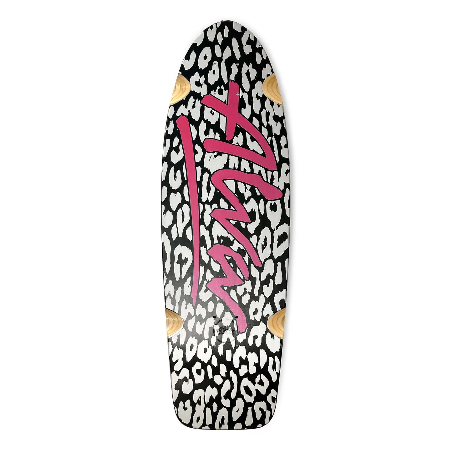 Skateboard deck with leopard print pattern and pink 'Alva' logo on a white background