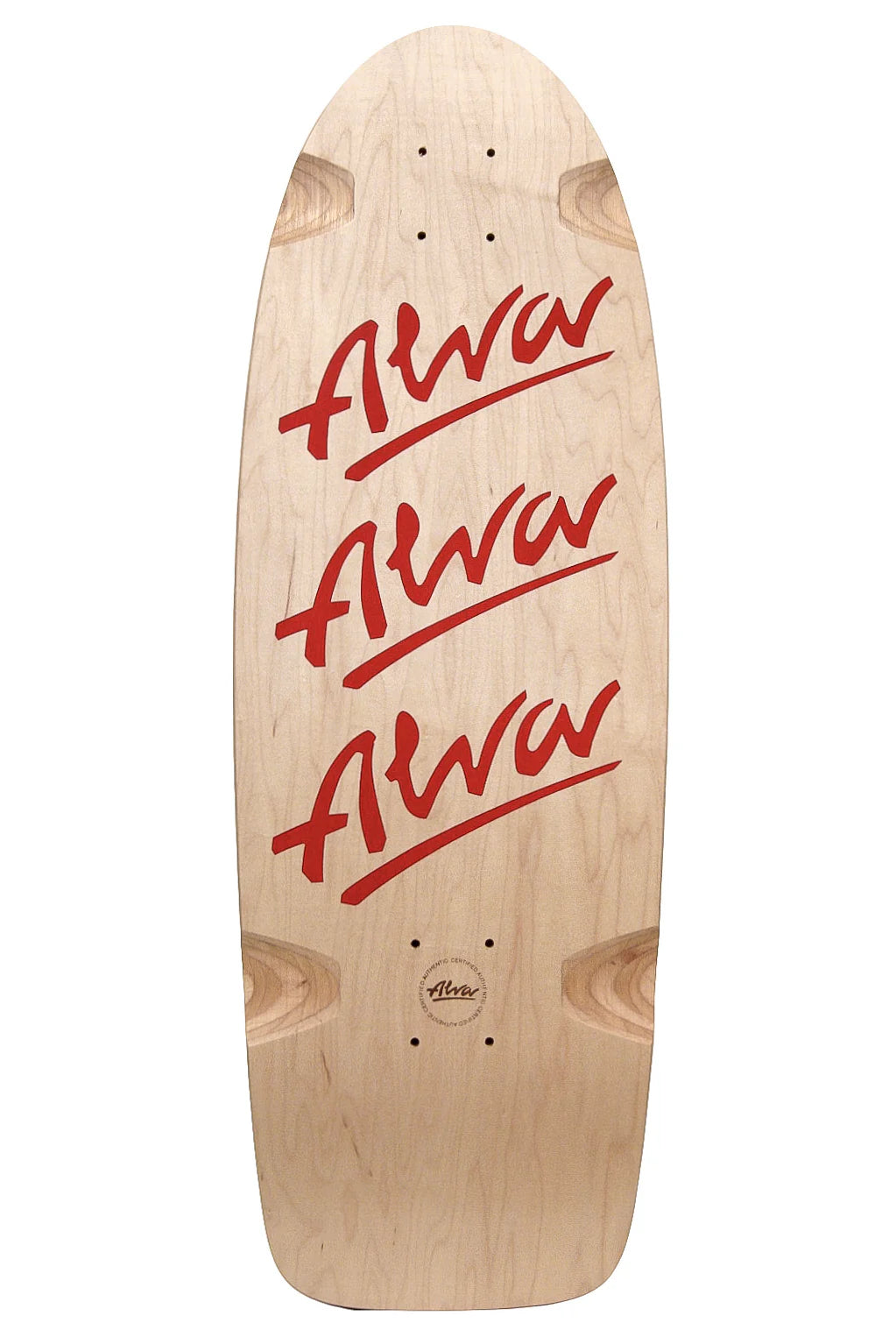 Wooden skateboard deck with red 'Alva' branding on a white background