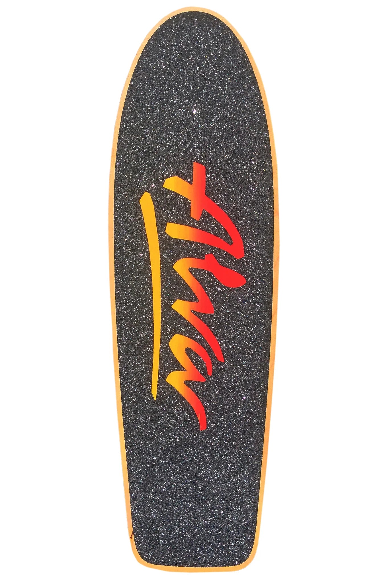 Skateboard deck with red and yellow logo on a white background