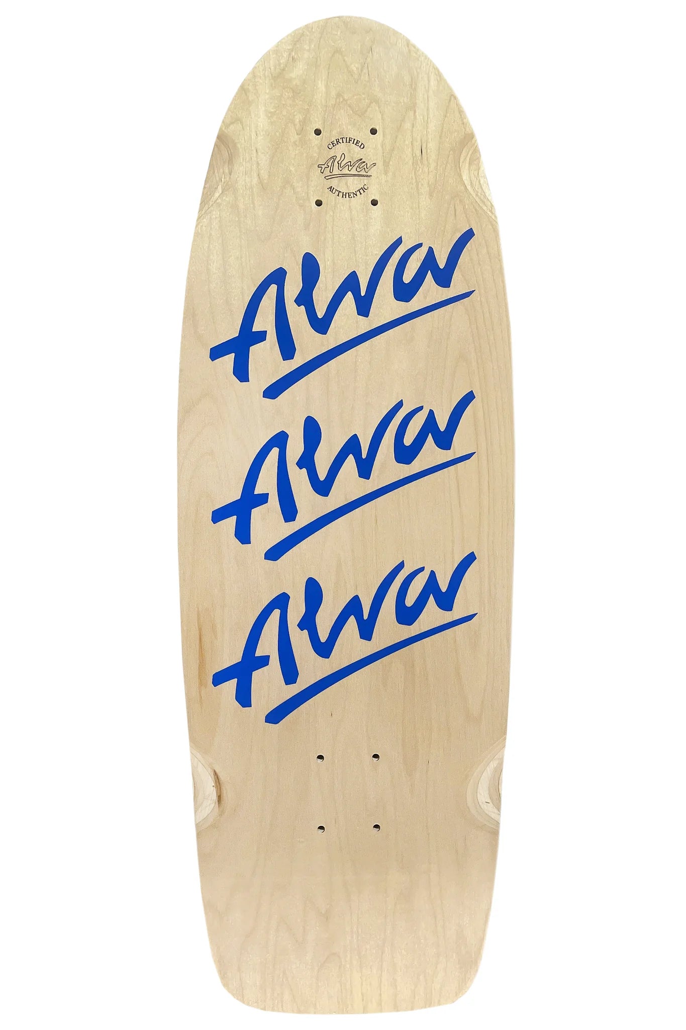 Wooden skateboard deck with blue 'Alva' branding on a white background