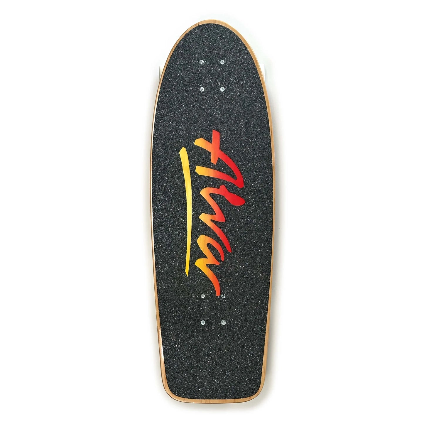 Skateboard deck with a colorful logo on a white background