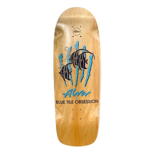 Wooden skateboard deck with fish design and 'Alva' branding on a white background