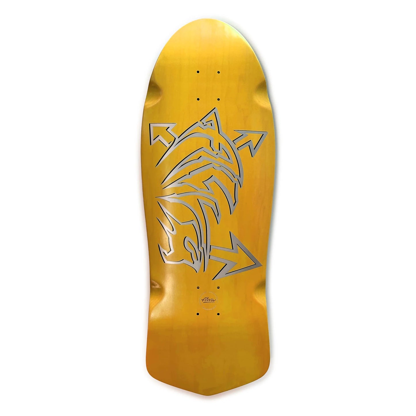 Yellow skateboard deck with a silver wolf design on a white background