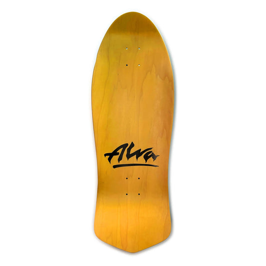 Wooden skateboard deck with 'Alva' logo on a white background