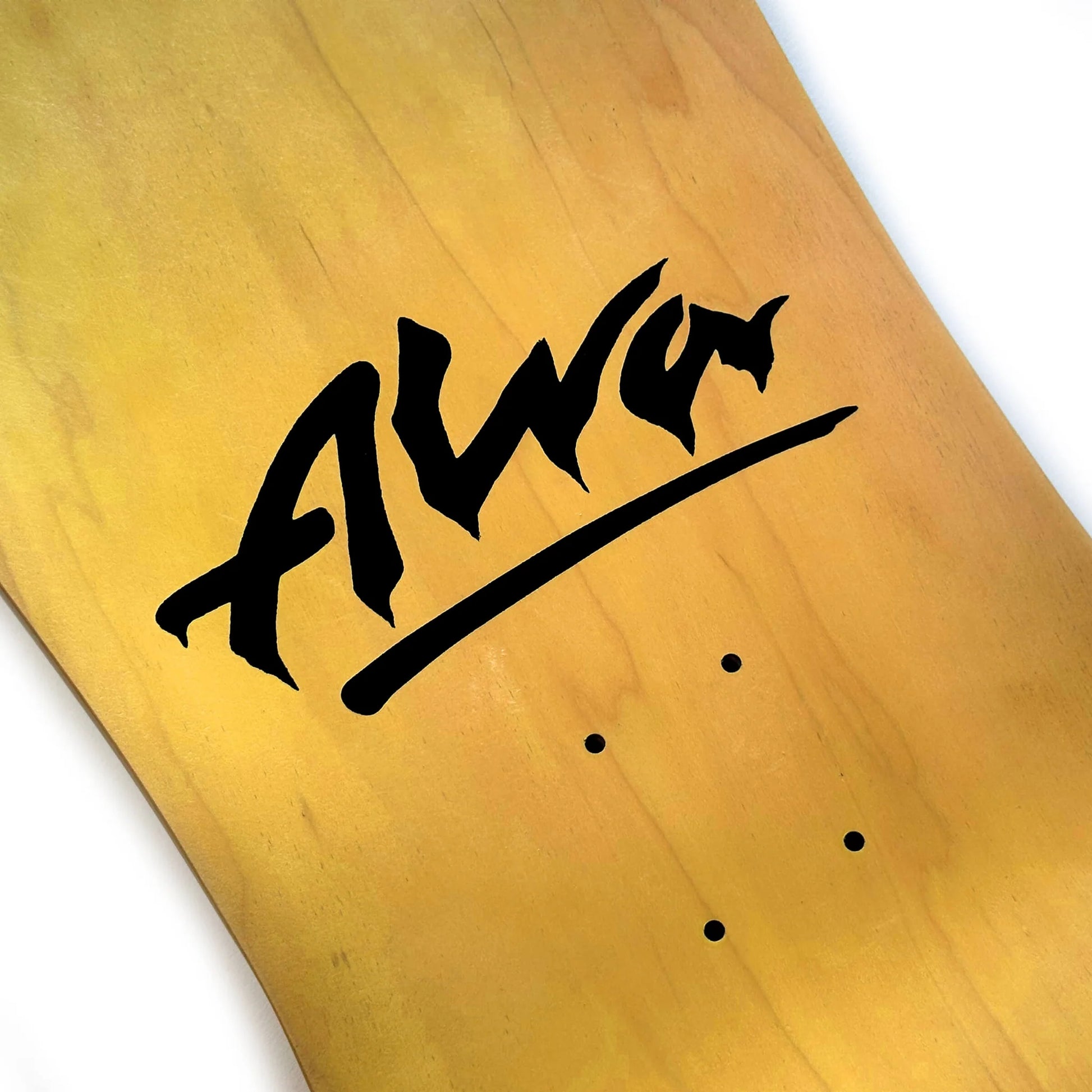 Wooden skateboard deck with black logo on a white background