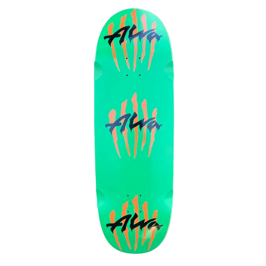 Green skateboard deck with orange and black designs on a white background