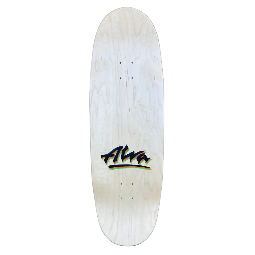 Skateboard deck with a logo on a white background