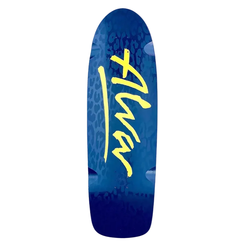 Blue skateboard deck with yellow text on a white background