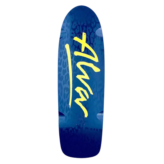 Blue skateboard deck with yellow text on a white background