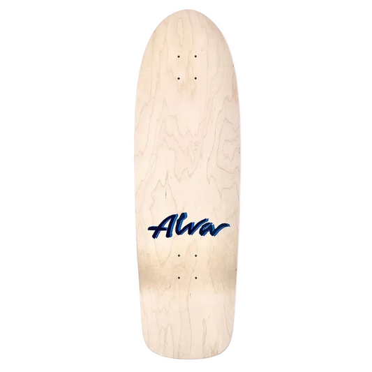 Wooden skateboard deck with 'Alva' branding on a white background