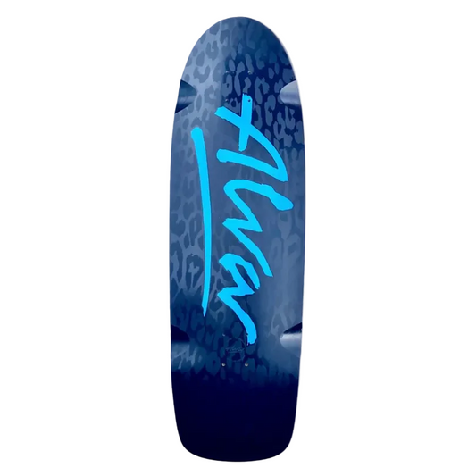 Blue skateboard deck with a brand logo on a white background