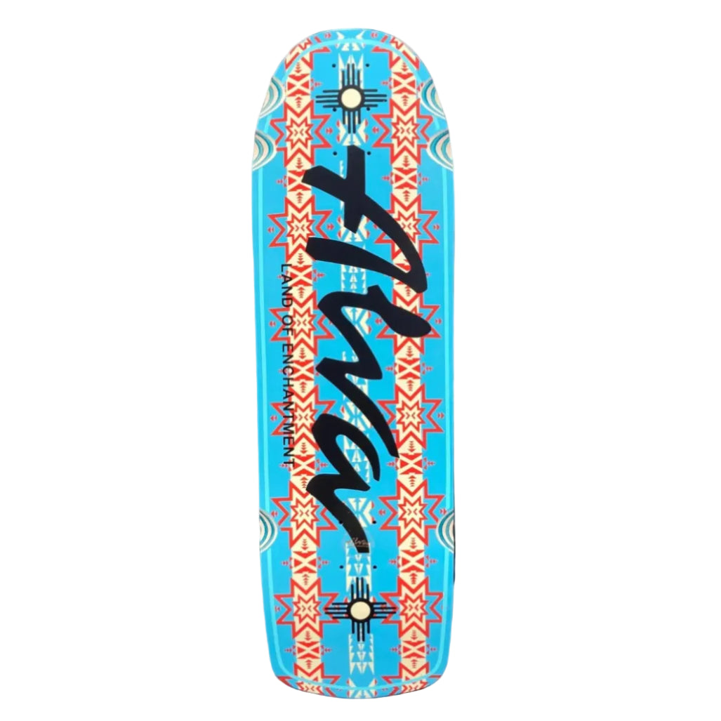 Skateboard deck with geometric pattern and 'Flava' branding on a white background