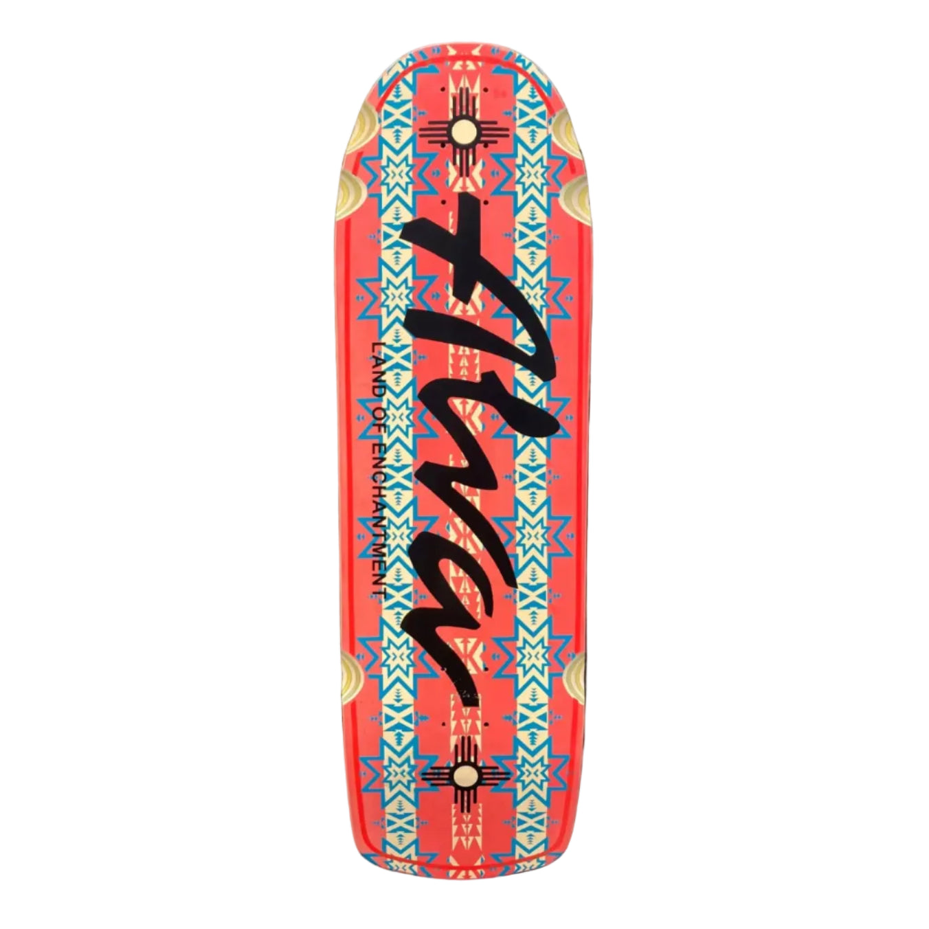 Skateboard deck with red background and geometric pattern on a white background