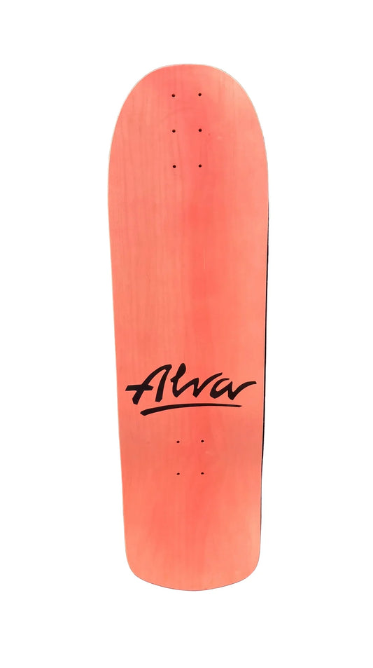 Red skateboard deck with 'Alvar' branding on a white background