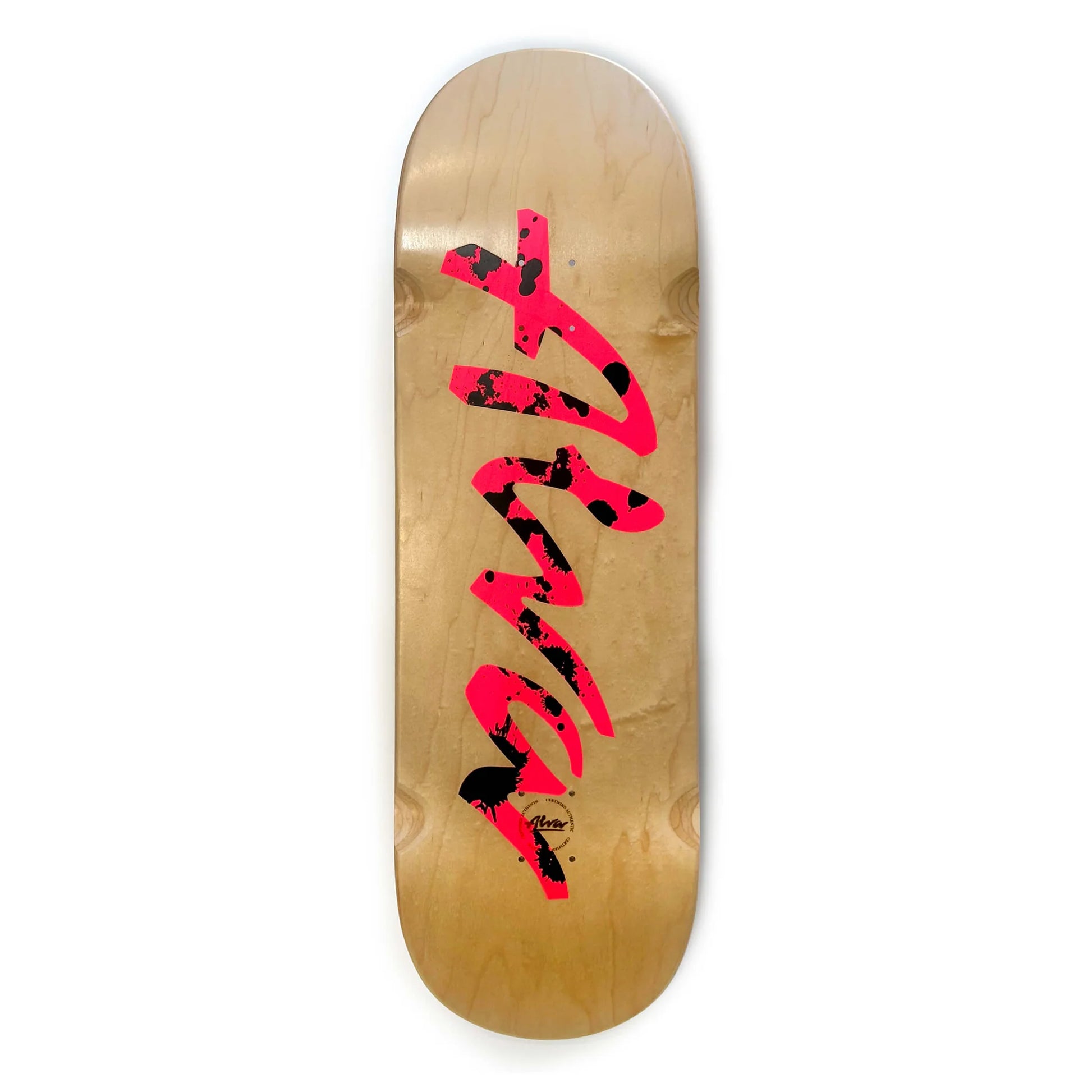 Skateboard deck with red and black design on a white background