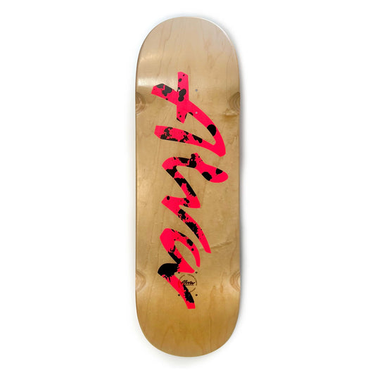 Skateboard deck with red and black design on a white background