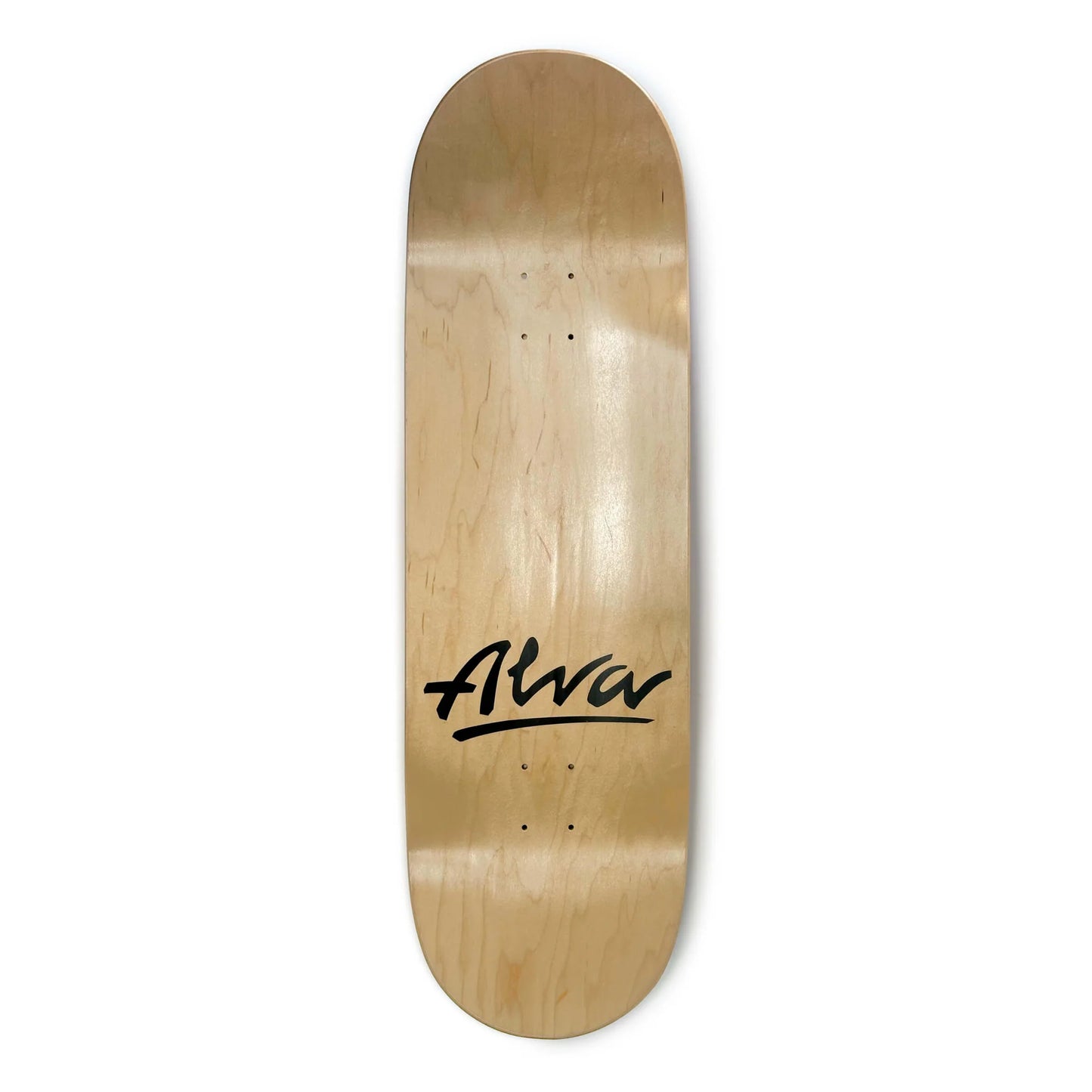 Wooden skateboard deck with 'Alva' branding on a white background