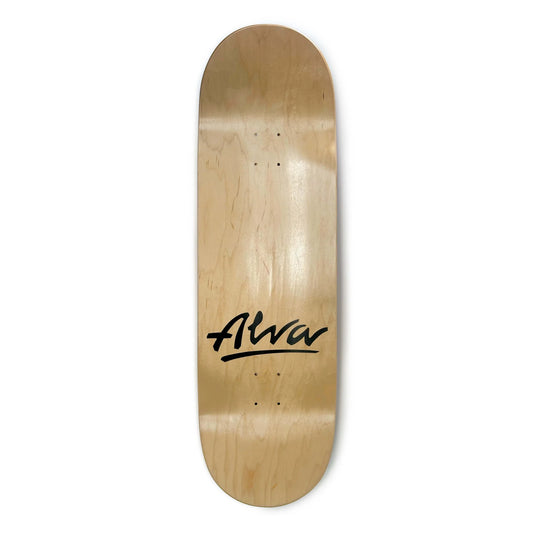 Wooden skateboard deck with 'Alva' branding on a white background