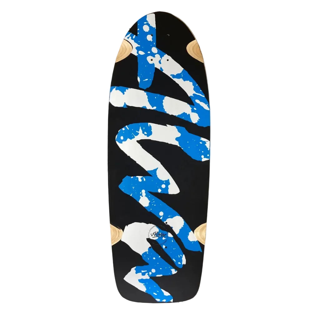 A skateboard deck featuring a black background with a bold blue and white abstract snake-like graphic and small tan circular accents, shown against a plain white background.