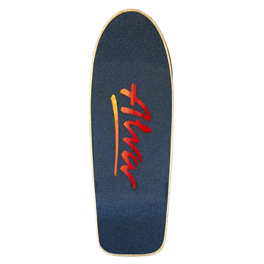 Skateboard deck with a red and yellow logo on a white background