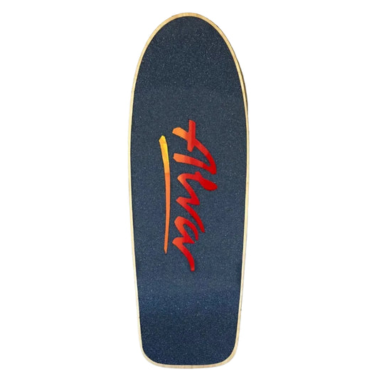 Skateboard deck with a red and yellow logo on a white background