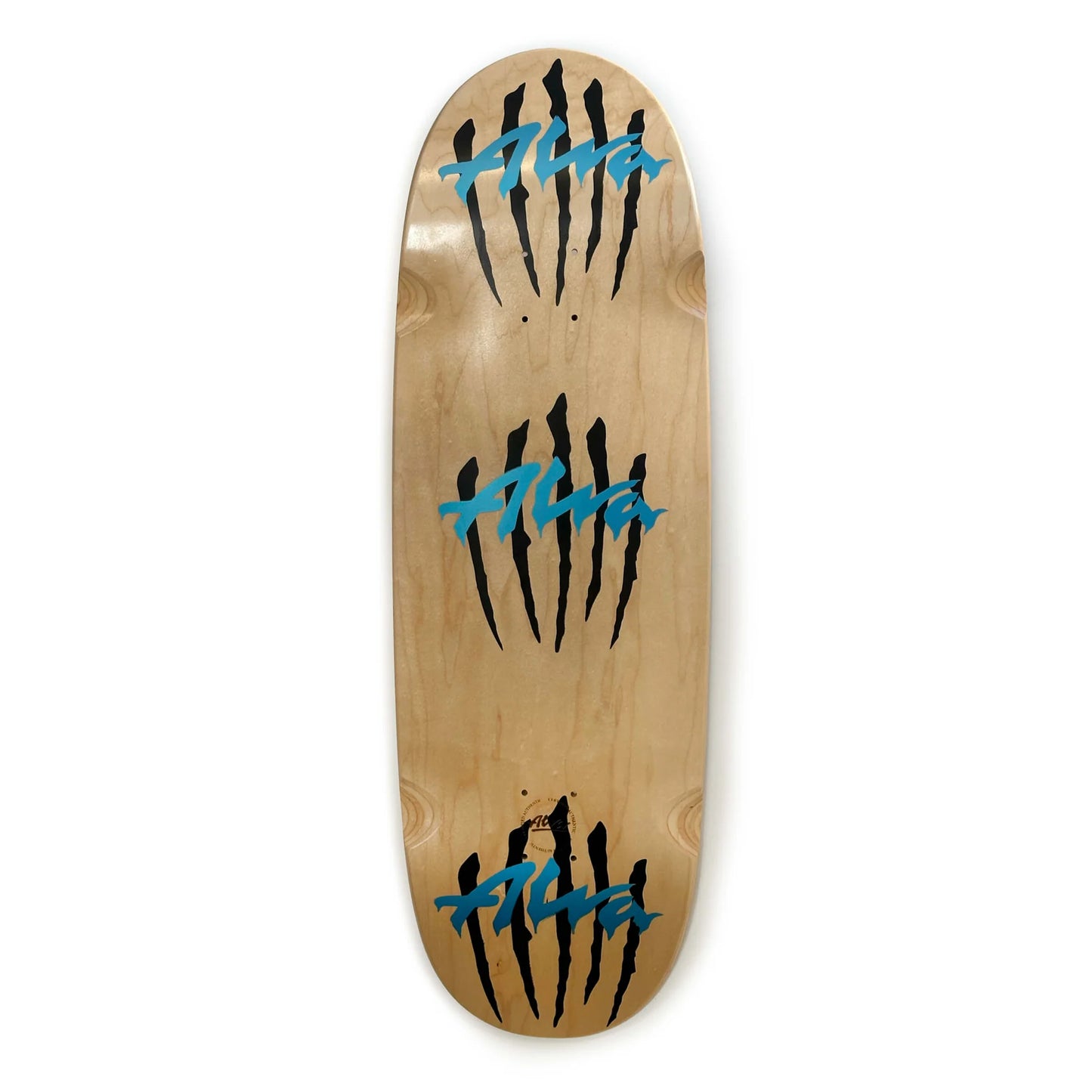 Wooden skateboard deck with black and blue graphics on a white background
