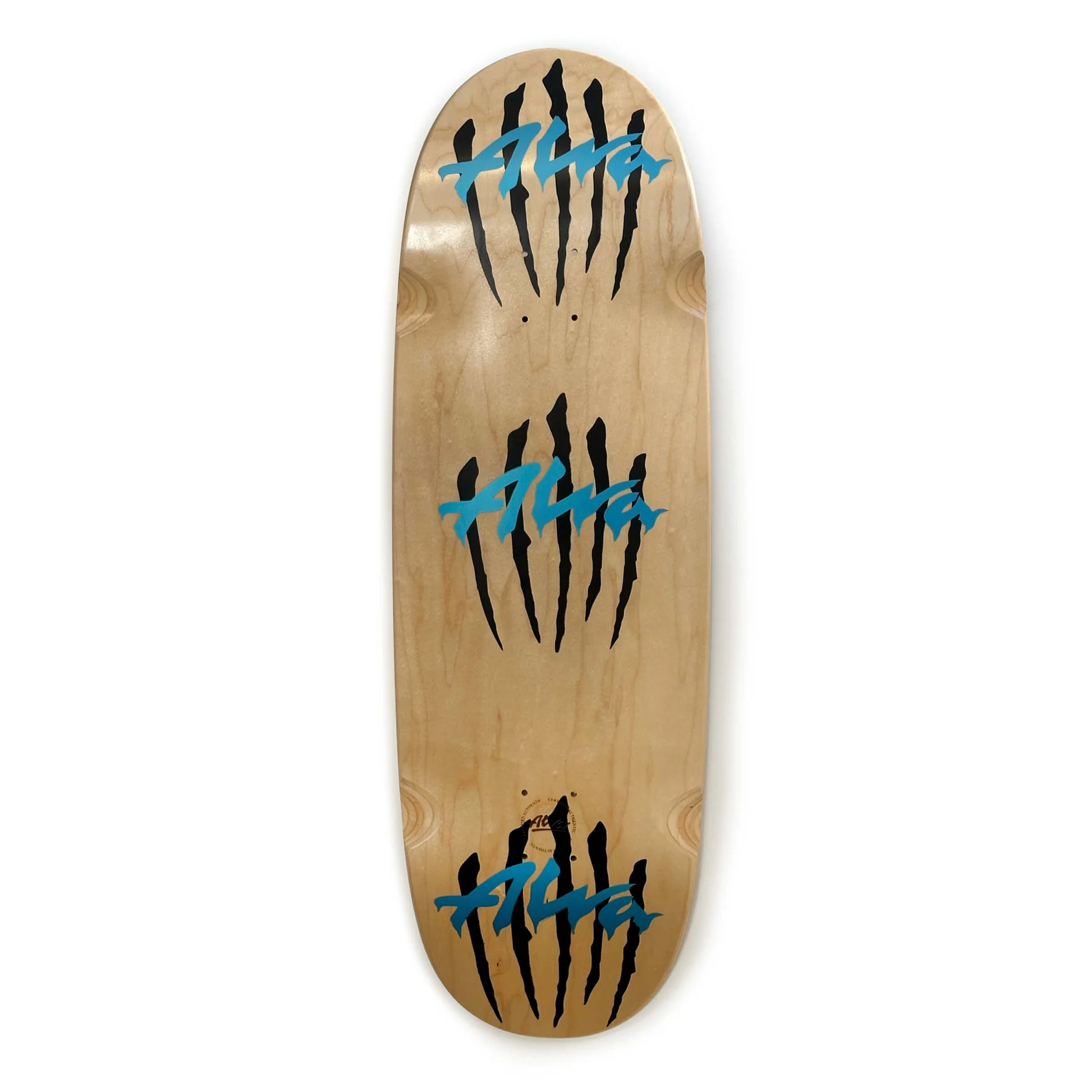 Wooden skateboard deck with black and blue graphics on a white background