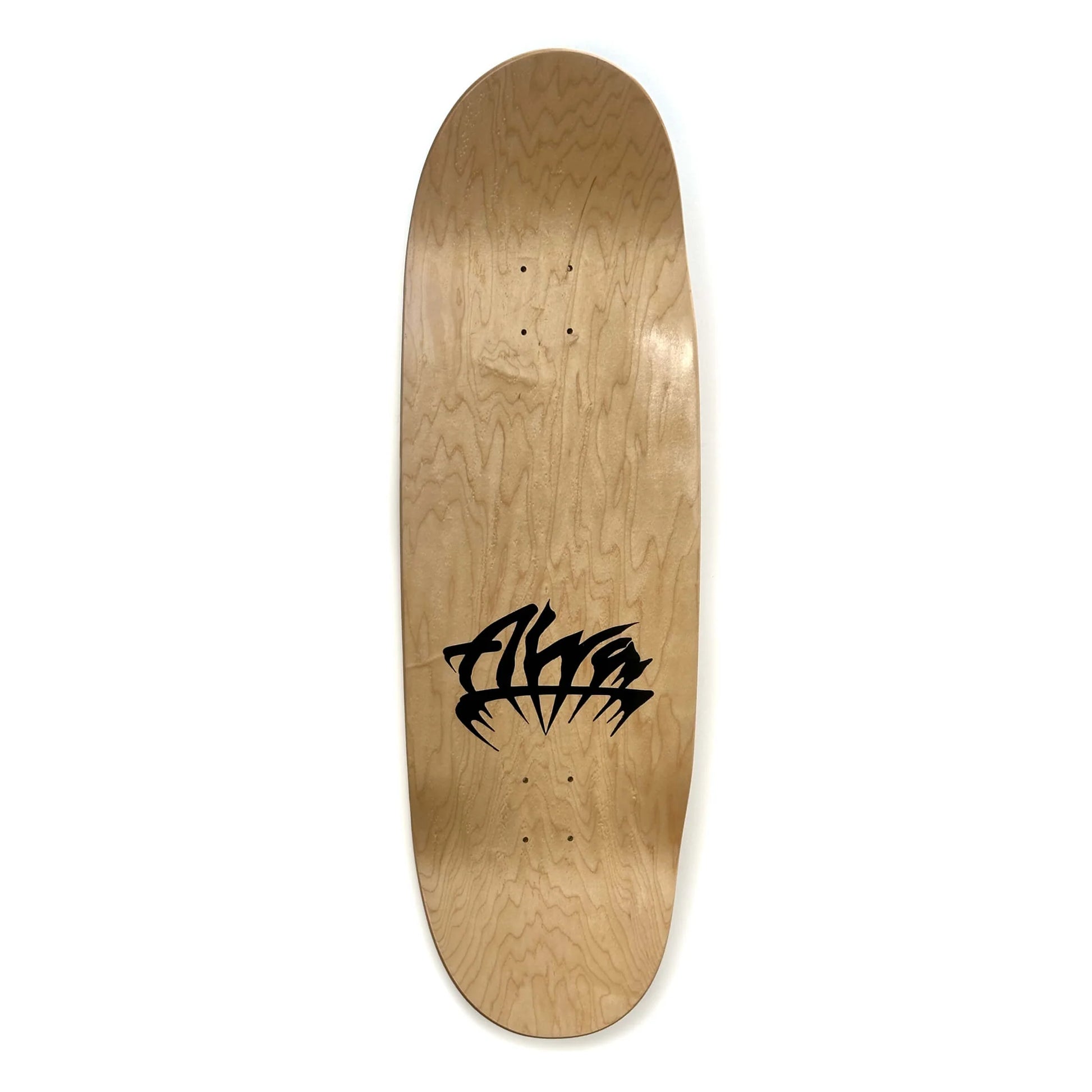 Wooden skateboard deck with a black logo on a white background