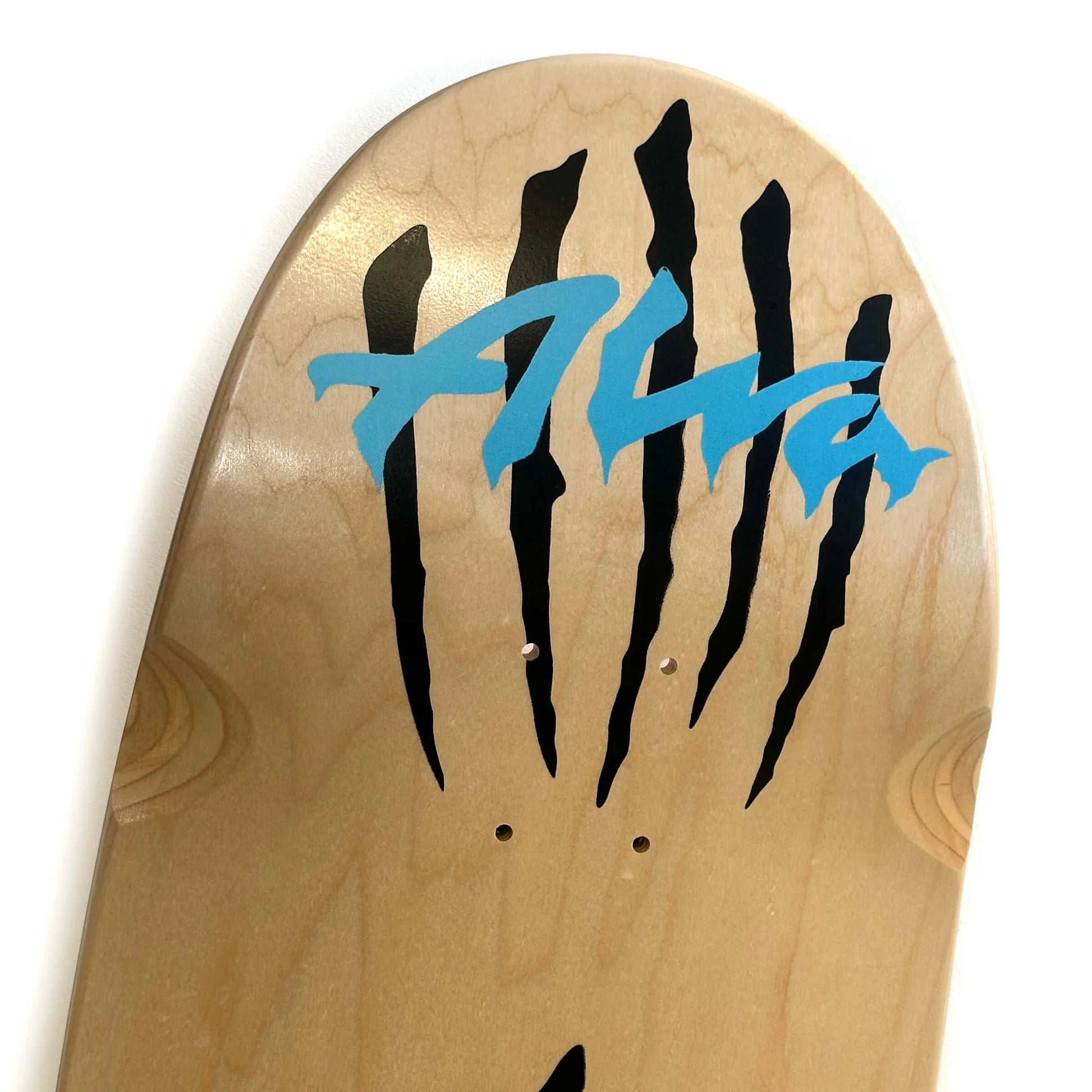 Wooden skateboard deck with black and blue graphics on a white background