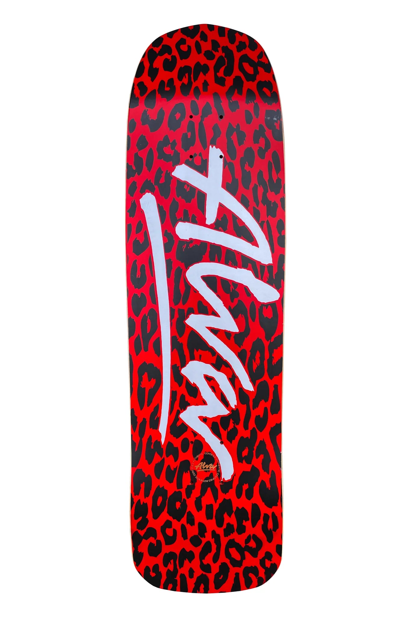 Skateboard deck with red leopard print and white logo on a white background