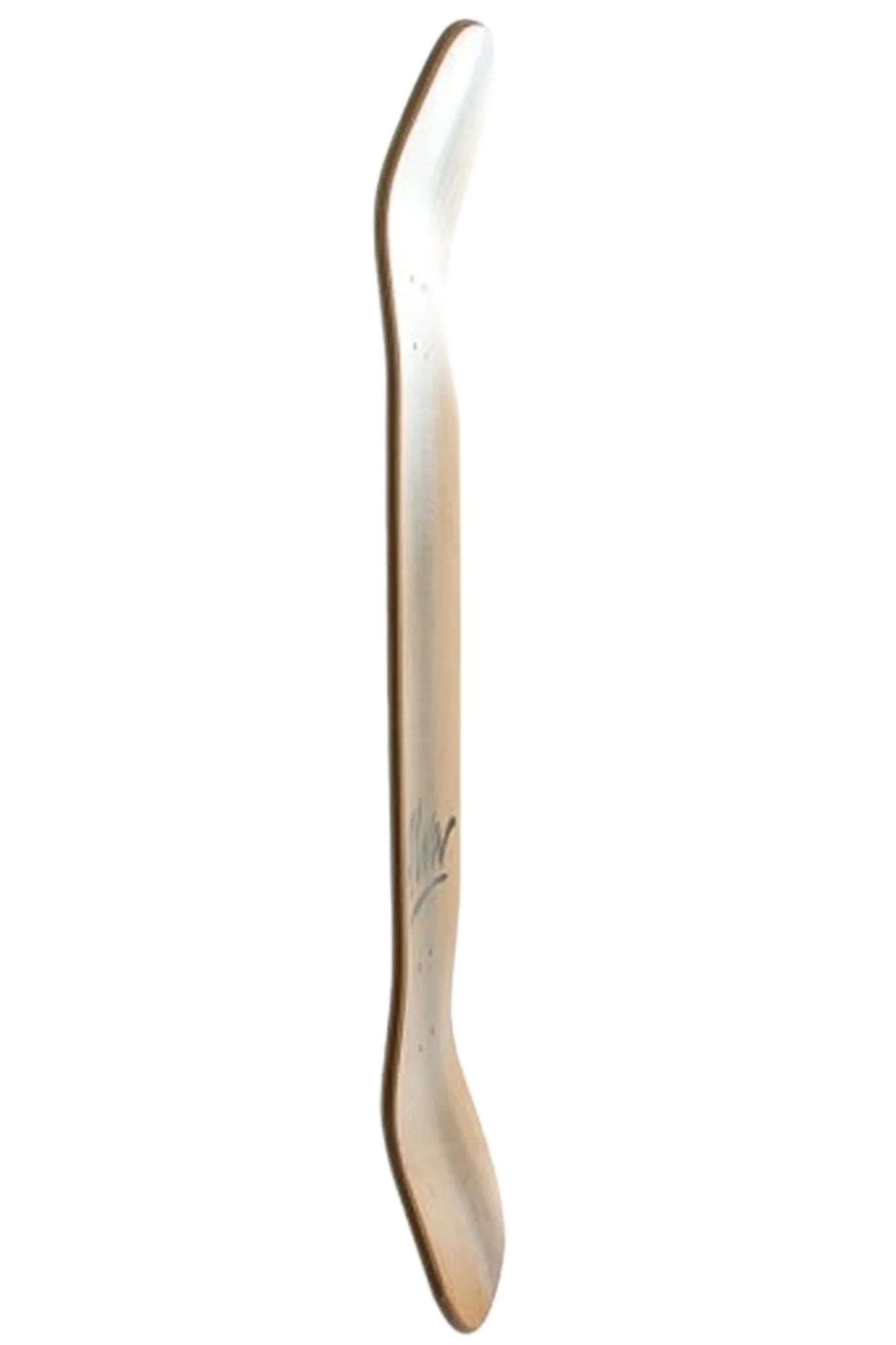 Long, thin, beige object on a white background