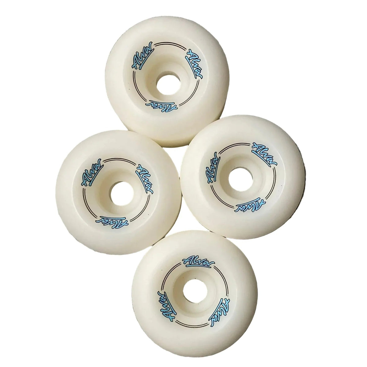Four white skateboard wheels with blue logos on a gray textured background