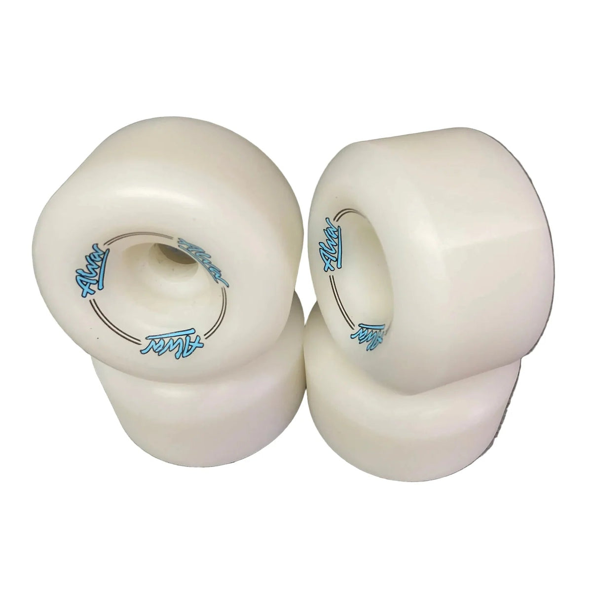 Two white skateboard wheels with blue trucks on a white background