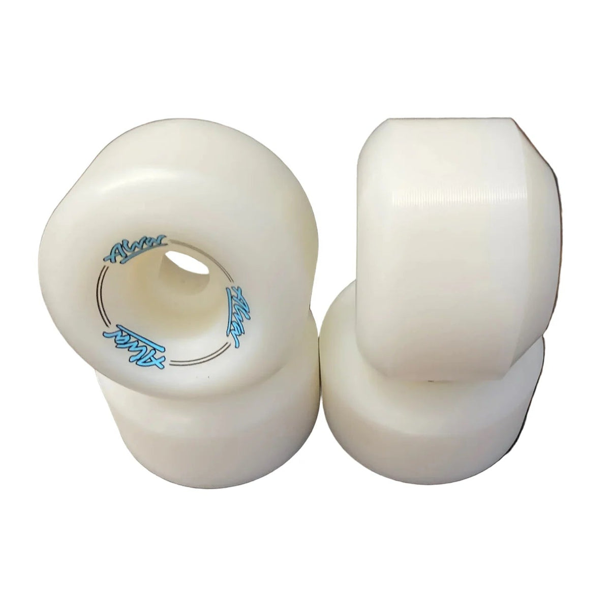 four white skateboard wheels with blue logo on a white background