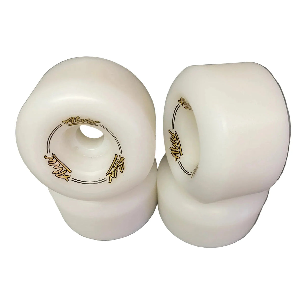 four white wheels with gold bearings on a white background