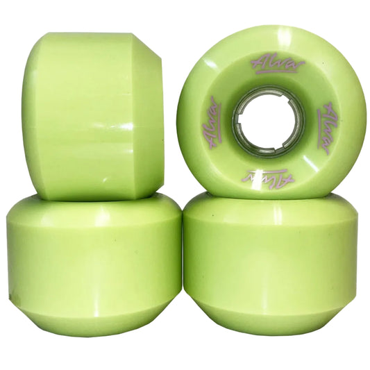 Four green skateboard wheels with a brand logo on a white background