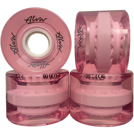Pink roller wheels with clear centers and 'Alwa' branding on a white background